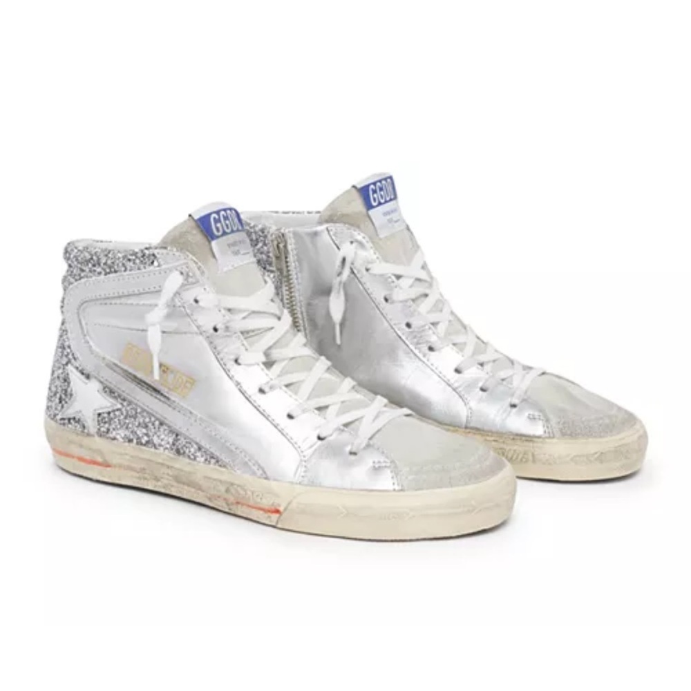 New Size 36 Golden Goose Slide Glitter High Top Sneakers Silver Ice White
